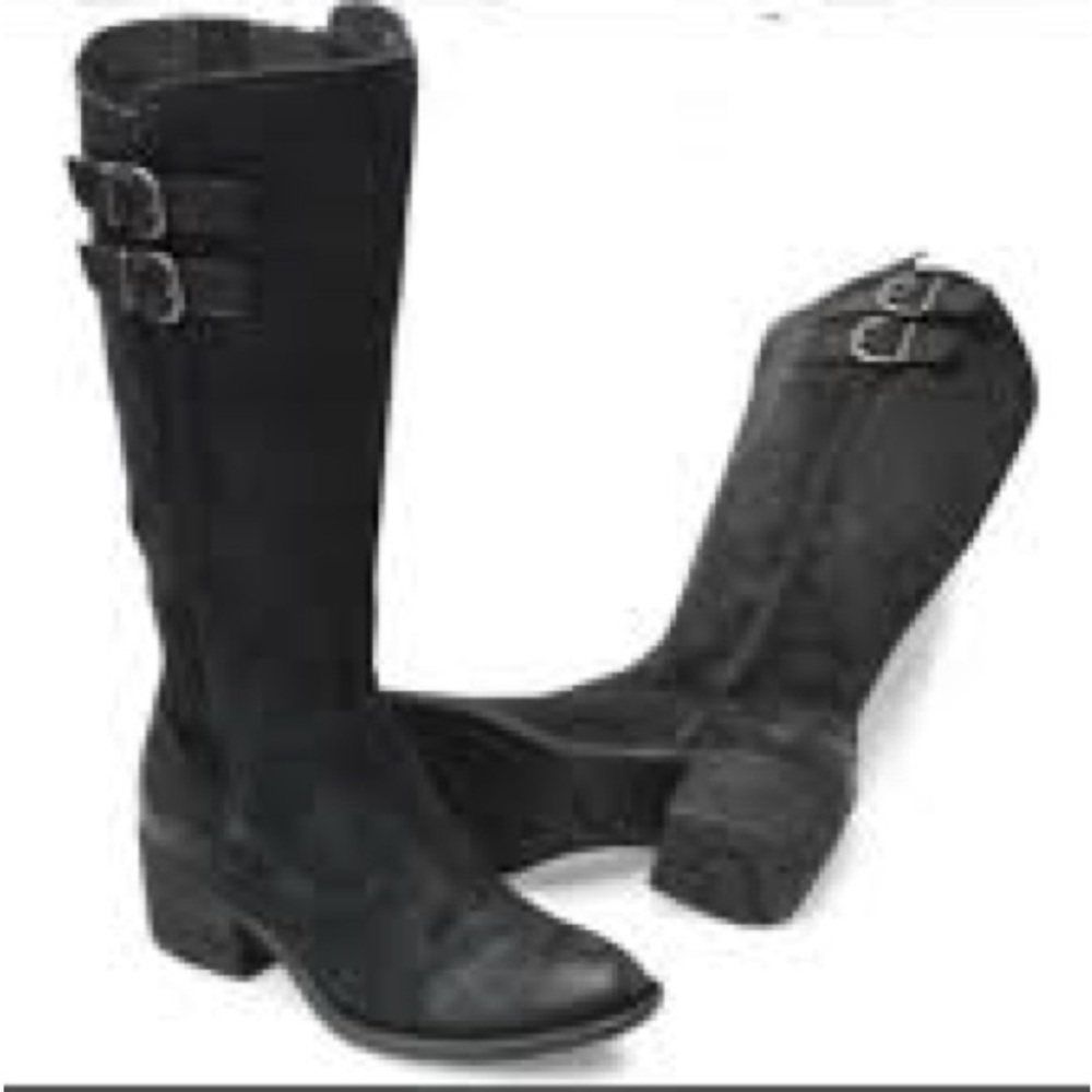 Born Basil genuine suede knee high Black Heeled Boots with Buckle Detail